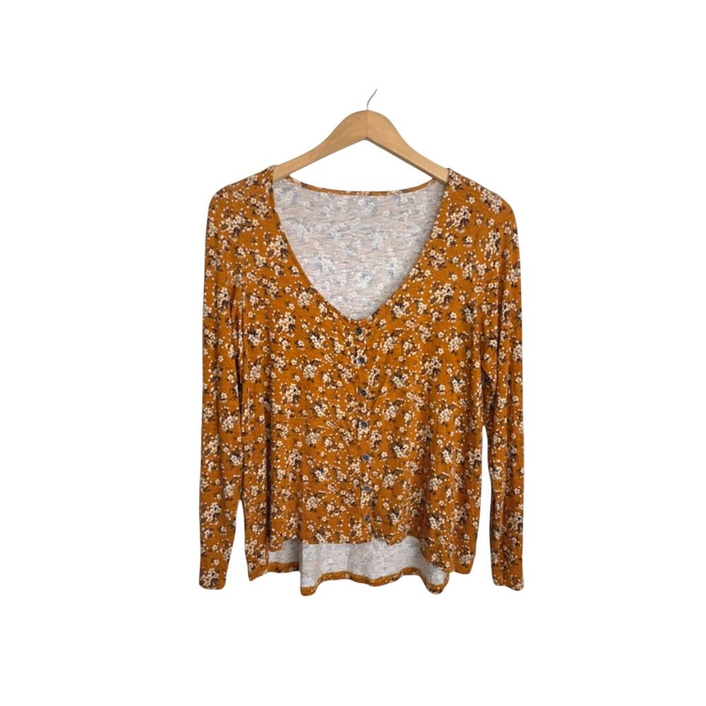 American Eagle Mustard Floral V-Neck Soft & Sexy Women’s Medium Boho Casual Tee